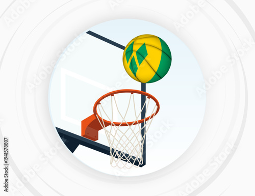 Saint Vincent and the Grenadines Flag Themed Basketball in Motion, Scoring Moment in Basketball Game.