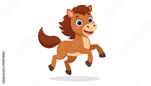 Cartoon brown horse mid-prance, happy face, fluffy mane, bright blue eyes on a white background