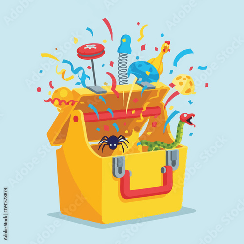 A vibrant yellow toolbox bursting open with an assortment of classic prank toys and novelty items, surrounded by colorful confetti and streamers, creating a playful and surprising scene.