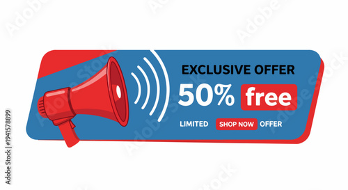 Exclusive sale banner with megaphone and bold 50 percent off promotional message
