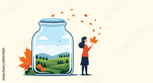 Whimsical illustration of a woman placing autumn maple leaves into a large glass jar that contains a beautiful mountain landscape.