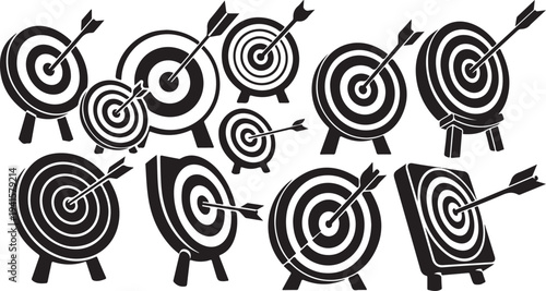 Bullseye Targets with Arrows in Black and White Illustration