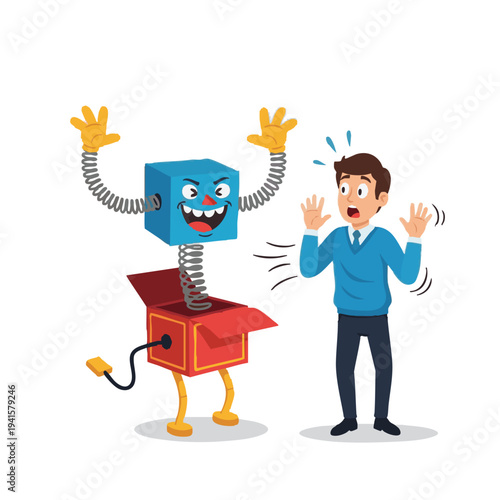 A surprised man reacts to a scary jack-in-the-box popping out of its red container.