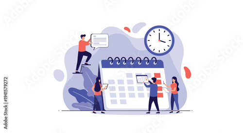 Corporate team members work together around a large calendar and wall clock to manage deadlines, schedules, and project planning tasks.