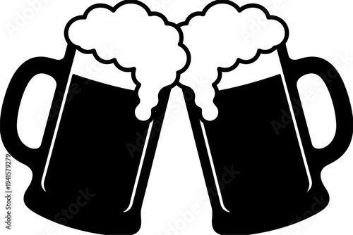 Two beer mugs clinking with foam cheers silhouette