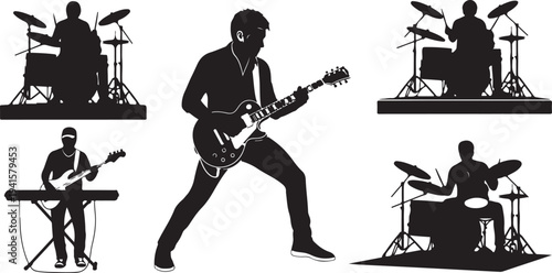 Silhouette of musicians playing instruments in black and white