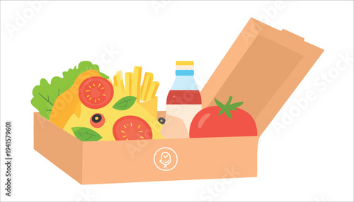 vector Food Delivery Box with Various Cuisine