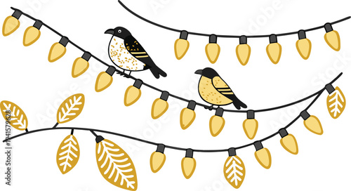 Two small birds perch upon a string of glowing yellow lights and scattered autumn leaves