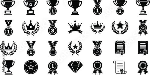 Collection of black and white icons featuring trophies medals crowns and laurels for awards and recognition Art & Illustration