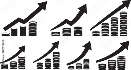 Increasing financial growth with arrows and stacked coins illustration