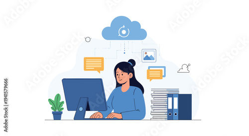 Efficient office worker uses a computer to manage data upload to cloud storage while handling multiple digital messages and paperwork.