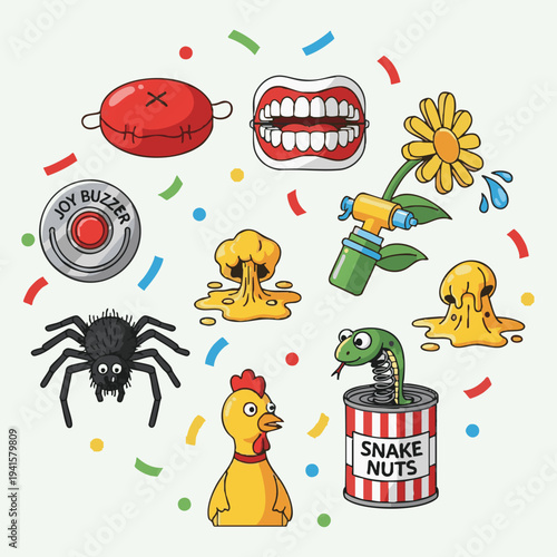 Colorful cartoon illustration featuring a variety of classic funny gag gifts and prank toys with confetti.