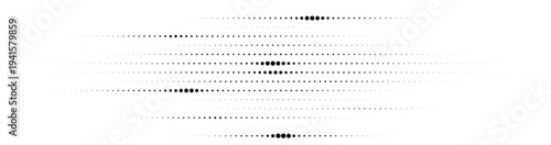 Abstract horizontal motion halftone design concept with black dots texture and speed blur effect on a clean white background layer.