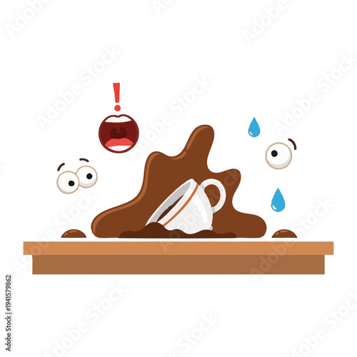 Cartoon illustration of a spilled coffee cup on a wooden table with expressive eyes and mouth showing surprise and distress.