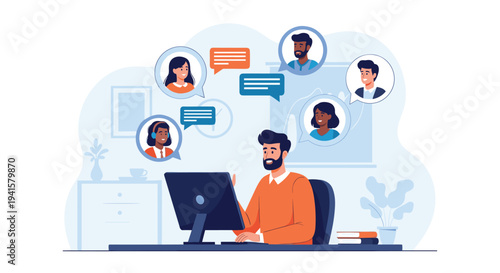 Professional man engages in a remote video conference with diverse colleagues shown in chat bubbles on his computer monitor at home.