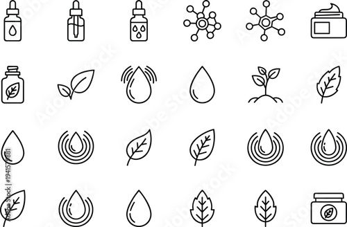 Natural skincare and beauty vector icon set featuring clean line art of serum bottles, cream jars, droplets, and organic leaves.