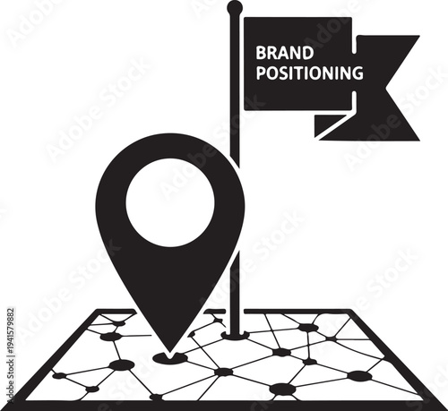 Black and white of a location pin on a map with a flag indicating brand positioning strategy
