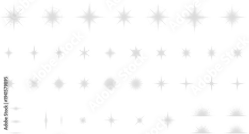 Set of magical sparkle stars halftone design concept with black dots texture and glowing radial patterns isolated on a white background space.