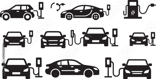Electric vehicles charging at stations with cables and plugs
