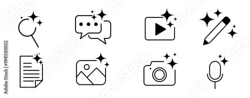 Generative AI Feature Icon Set – Gallery, Search, Camera, Edit, Document, Voice Assistant Sparkle Icons