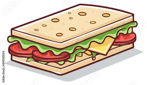 Cartoon-style sandwich with tomato, lettuce, and cheese, ready to eat