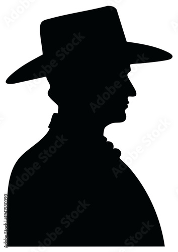 Abstract dark silhouette portrait of a man wearing a classic wide brim hat elegant and timeless profile view