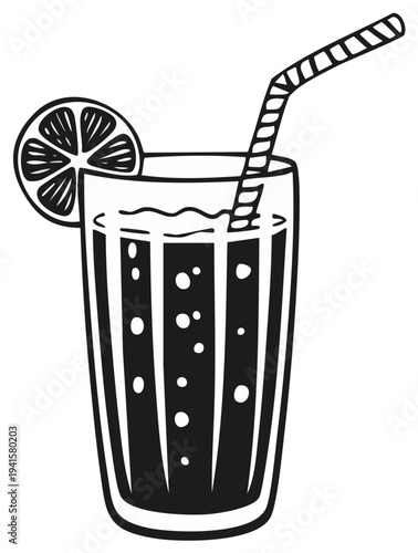 Black and white drawing of a tall glass filled with a fizzy drink and a lemon slice garnish