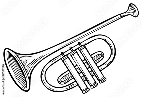 Illustration of a brass trumpet for music and entertainment in black and white line art style