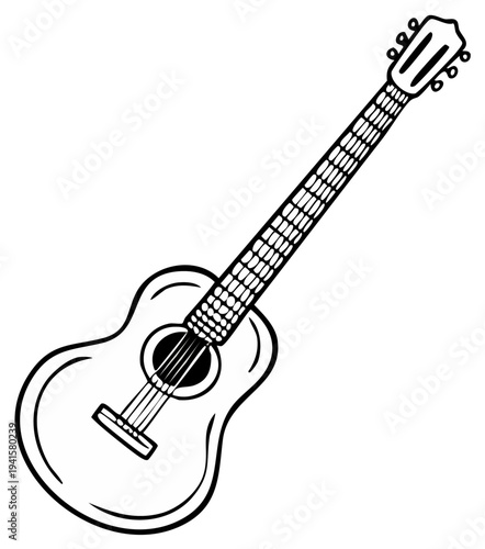 Acoustic guitar musical instrument line art illustration isolated on white background