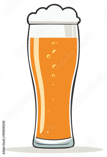 Cartoon Illustration of a Tall Glass of Beer with Foam