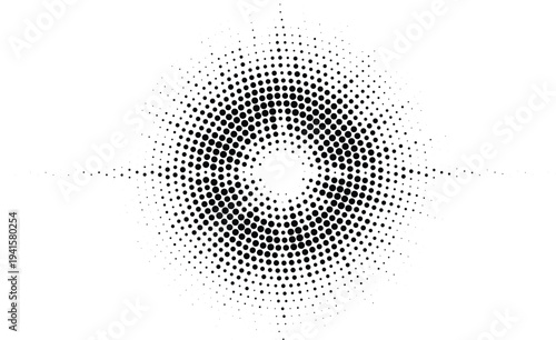 Dynamic circular pulse expansion halftone design concept with black dots texture and central void for high-impact modern technology graphic designs.