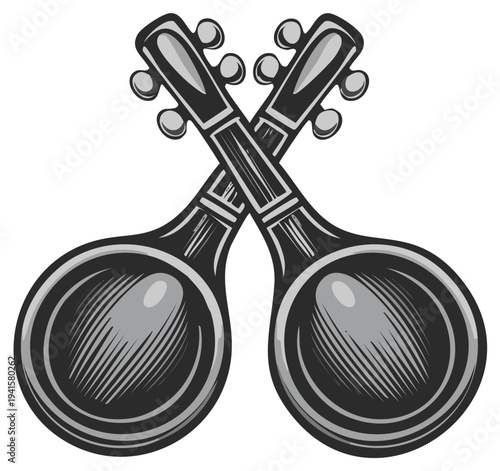 Crossed Banjo Illustration in Monochrome