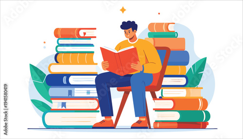 vector Man Reading Book Surrounded by Stacks