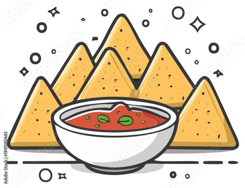 Cartoon nachos and salsa graphic illustration, food and Mexican cuisine concept