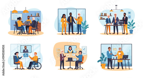 Modern Office Diversity Vector Scenes Inclusive Workplace and Remote Collaboration for DEI Marketing
