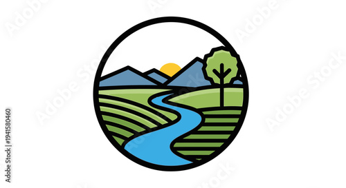 Serene landscape with rolling hills, a winding river, and a tree at sunrise AiZaSyBVm757CnfUJlckycs7mUCSrrBJqwS1oAs over mountains.