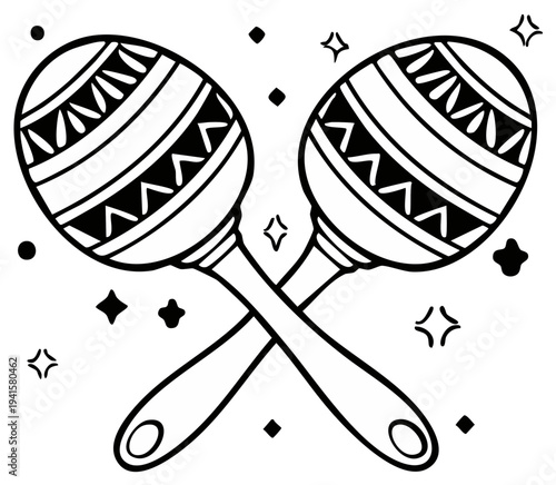 Traditional Mexican Maracas Crossed Decorative Musical Instruments with Ethnic Patterns