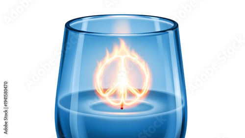 Glowing Peace Symbol in Flame inside a Blue Glass, Hope and Diplomacy Concept.