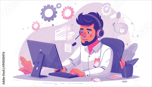 vector Man Working on Computer with Headset