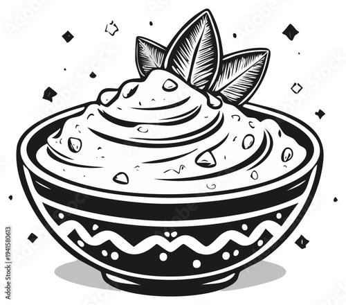 Hand drawn illustration of a bowl of hummus topped with fresh basil leaves and scattered sesame seeds