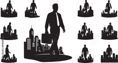 Businessman walking with briefcase in cityscape silhouette vector graphics