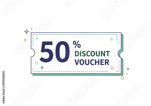 Stylish promotional coupon with bold 50 percent discount headline and shop now button