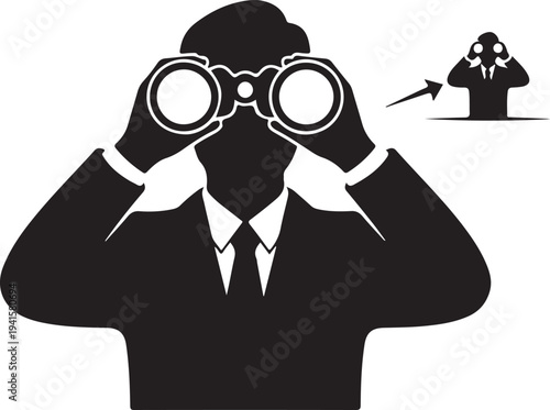 Silhouette man in suit looking through binoculars with arrow pointing searching