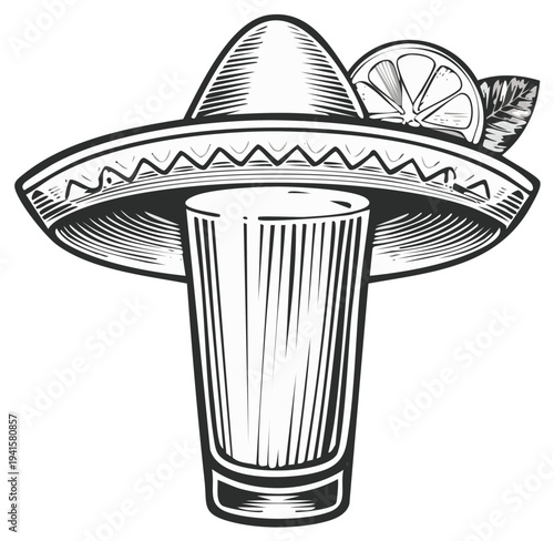 Tequila Shot with Sombrero Hat and Lime Slice Vintage Engraving Style Illustration