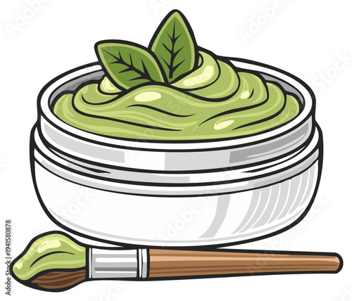 Creamy Green Mask in Open Jar with Application Brush and Fresh Leaves