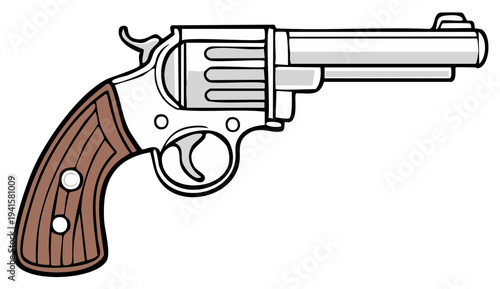 Classic revolver handgun with wood grip and metallic cylinder and barrel