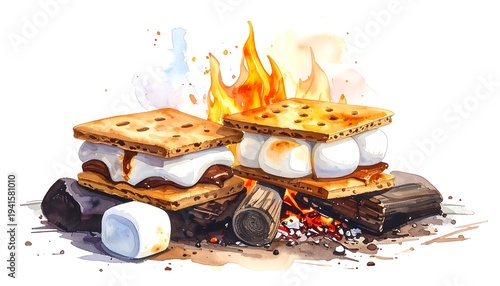 Watercolor illustration of two s'mores by a campfire, depicting campfire snacks, on rocks and logs