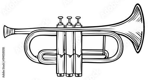 Illustration of a classic trumpet instrument, brass, in black and white, side view