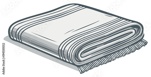 Folded Blanket Illustration, Isometric View. Cozy Soft Textile with Fringe, Home Comfort