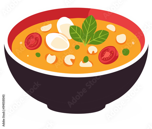 Delicious Thai Tom Yum Soup in a Bowl With Cherry Tomatoes and Fresh Basil Leaves